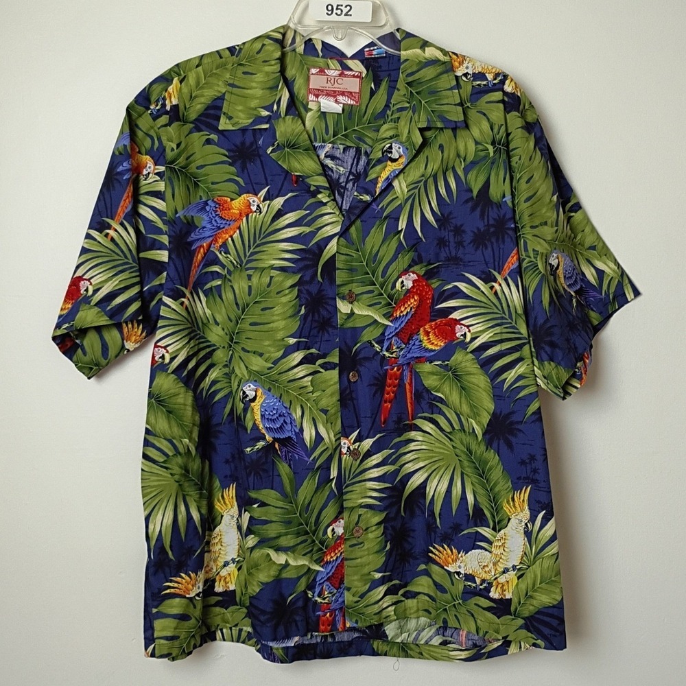 RJC Mens XL Hawaiian Shirt Blue Tropical Parrot Palm Leaf Made in USA - Hawaii
